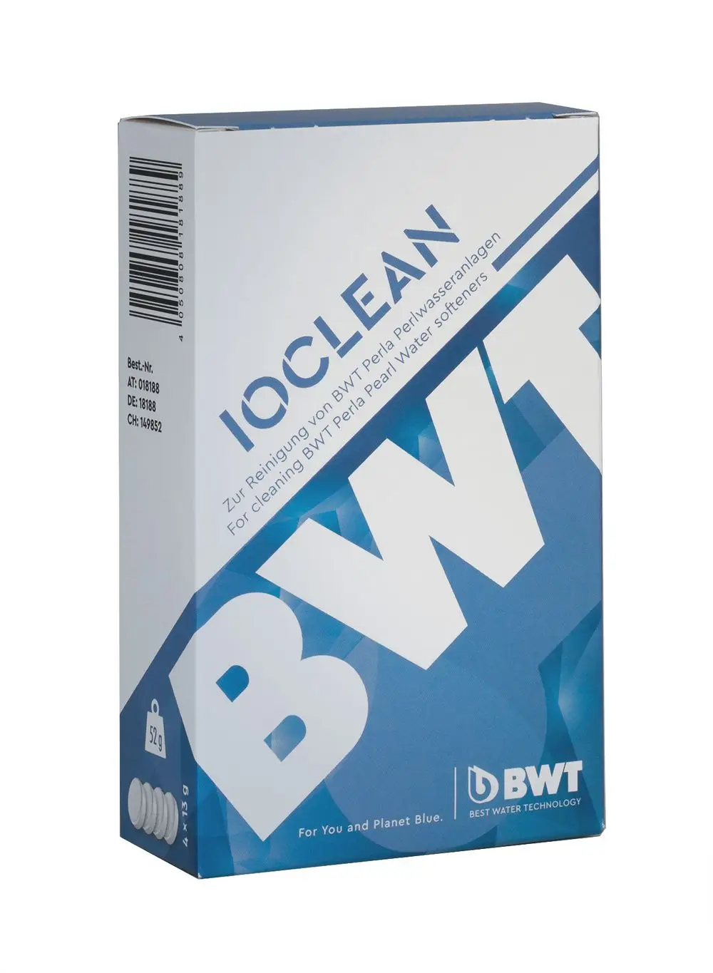 Produktverpackung von BWT zur Reinigung von Perlwasseranlagen, mit Abbildung und Informationen auf der Vorderseite, in einer blauen Faltschachtel.